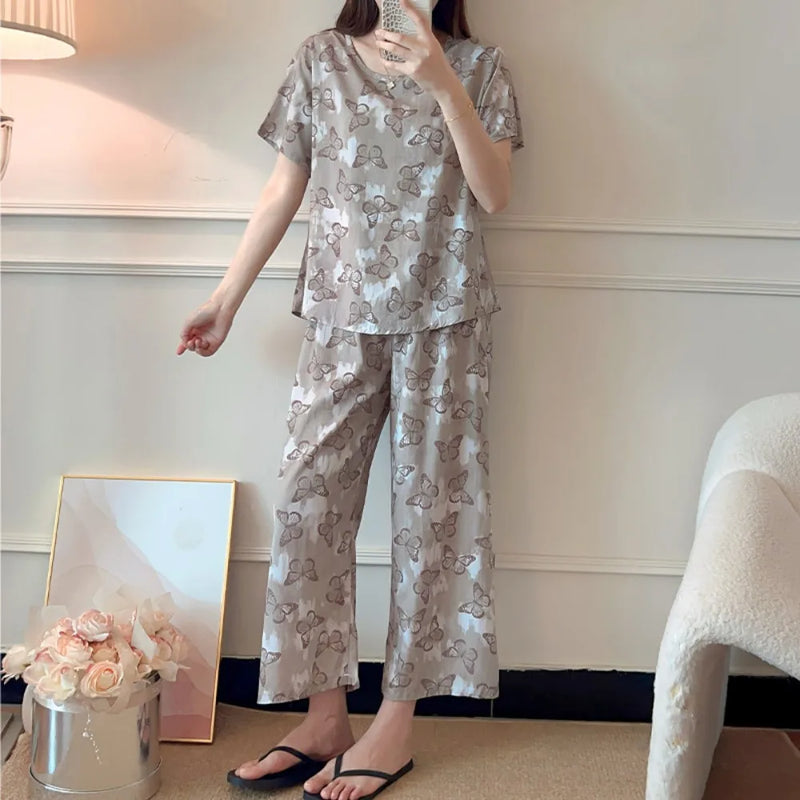 Comfort for Homewear Floral Pajamas 2 Pieces Set for Woman Casual Summer New Short Sleeve Sleepwear Women's Loungewear Suit