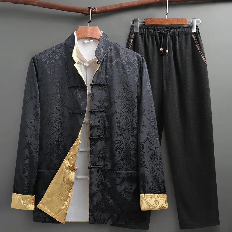 Men's Blue Two-piece, Tang-style Suit: A Chinese-style Single-breasted Stand-collar Jacket in Jacquard Fabric Paired with Pants.