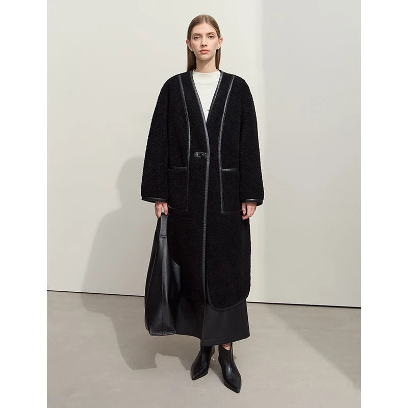 AMII Long Fur Coat 2026 Winter New V-neck All-wool Thick Warm Outerwears Leather Buckle Pocket Casual Loose Women's Top 12444137