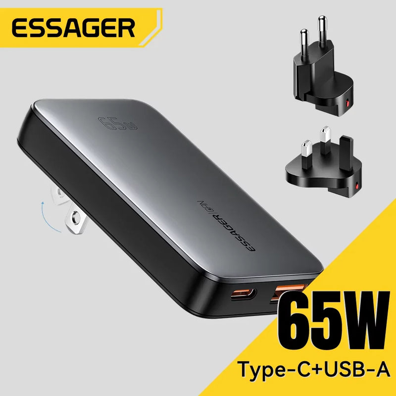 ឆ្នាំងសាក Essager Ultra Thin 65W GaN Travel Charger Quick Charge 4.0 PD3.0 PPS Portable Type C Charger សម្រាប់ iPhone Samsung Macbook Laptop