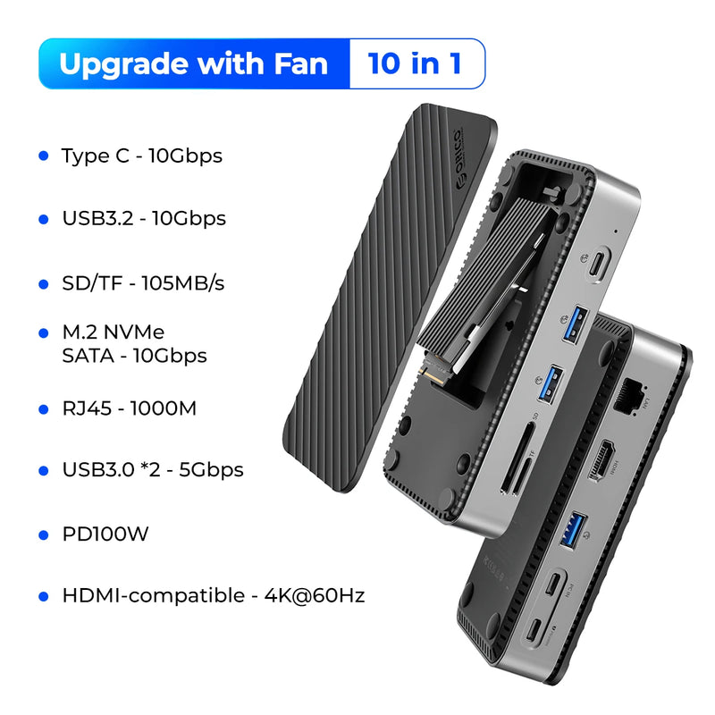 ORICO M.2 NVMe SATA SSD Enclosure External 10Gbps 4K 60Hz HDMI-Com RJ45 SD/TF Docking Station USB C HUB with Cooling Fan