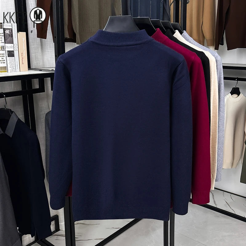 Male Classic Mid Neck Knit Jumper Long Sleeve Rib Trim Lightweight Fabric Travel Street Daily Outfit