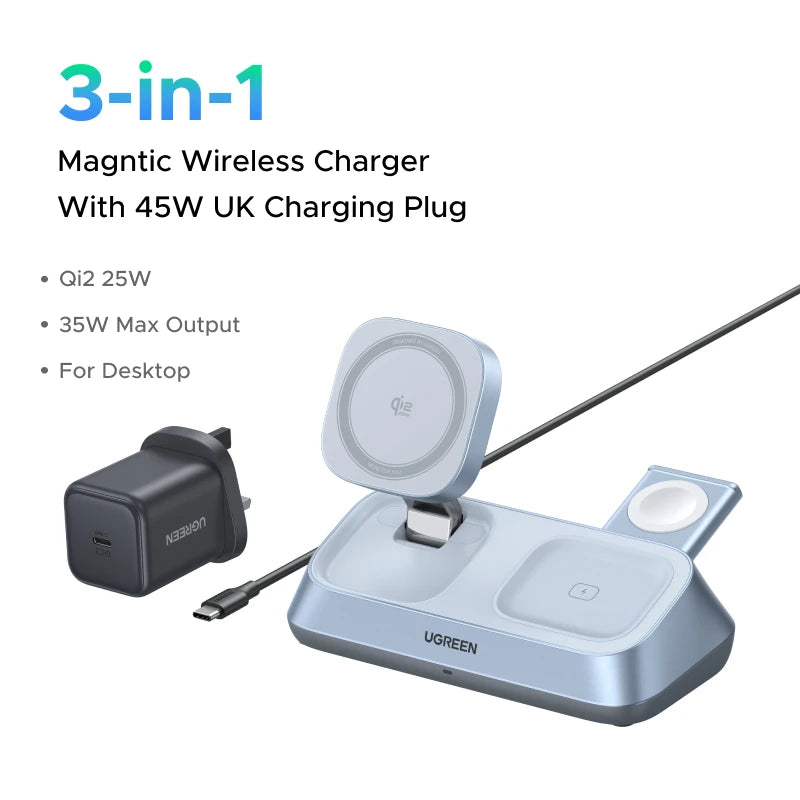 UGREEN Qi2 25W MAX Magnetic Wireless Charger Stand 3- in-1 Charging For iPhone 17 Pro Max/AirPods 4 For MagSafe Fast Charger