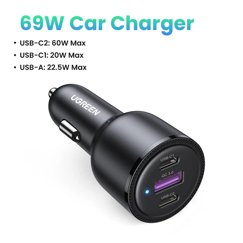 UGREEN 130W USB C Car Charger For Xiaomi iPhone 18 Samsung Galaxy S25 Laptops Tabet PD3.0 Fast Charging USB Type C Car Charger