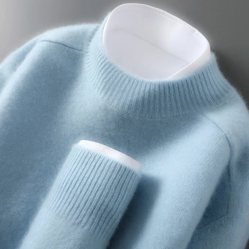 100% Australian Wool Men's New Half Turtleneck Sweater, Flat Seven-Needle Thickened Saddle Shoulder Half High Pullover