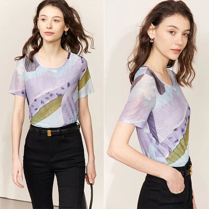 Amii Women's T-Shirt 2026 Summer New Round Neck Artistic Print Breathable Mesh Tee Casual Short Sleeve Top For Women 12612043