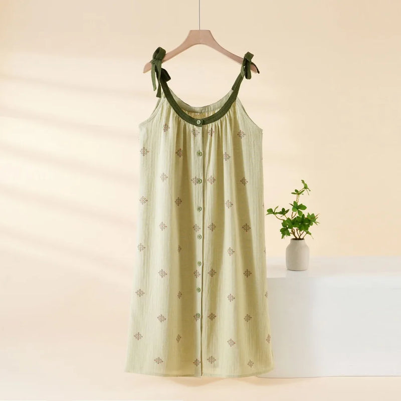 Retro Nightgowns Woman Sleep New Summer Sleepwear One Piece Dress Pure Cotton Thin Sleeveless Pajamas Dress Night Wear Ladies