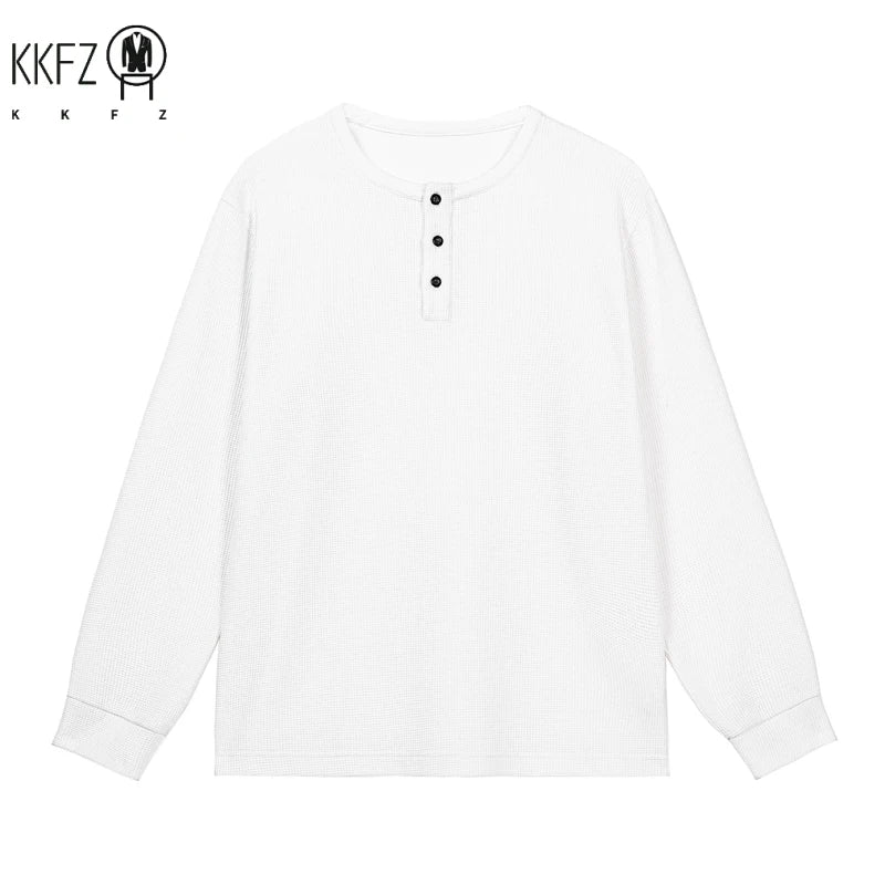 Breathable Waffle Henley Pullover Men Long Sleeve Round Neck Three Button Placket Versatile Everyday Streetwear Garment
