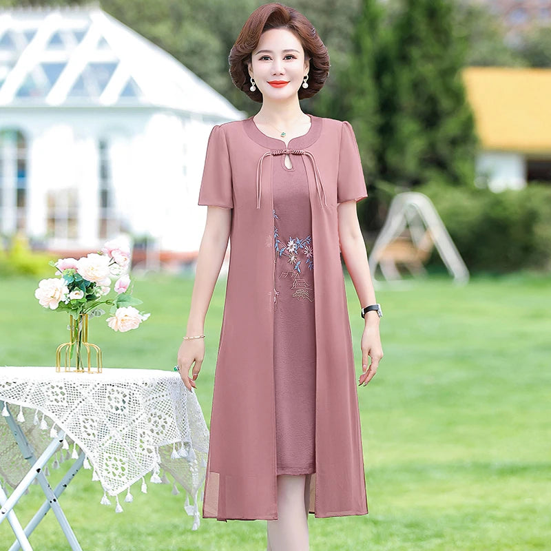 រ៉ូបប៉ាក់ chiffon ម៉ូដរដូវក្តៅសម្រាប់ស្ត្រីអាយុ ៤០ ឆ្នាំ និង ៥០ ឆ្នាំ រចនាប័ទ្មរដូវក្តៅ សំពត់ពោះថ្លៃថ្នូរបែប Retro
