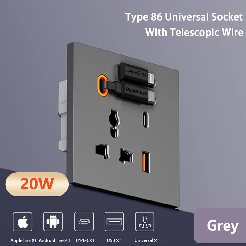 86 Type Universal 20W USB Type-C Socket Panel With Expandable Charging Cable Outlet,UK Mobile phone charging Type-c Socket