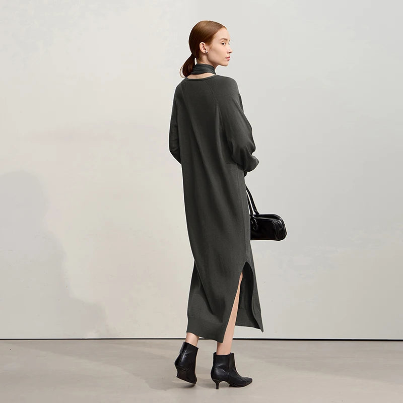 Amii Dress For Woman 2025 Winter New Solid Color Loose Elastic Wool Long Dresses Elegant Hollowed-out Female Clothing 12554076