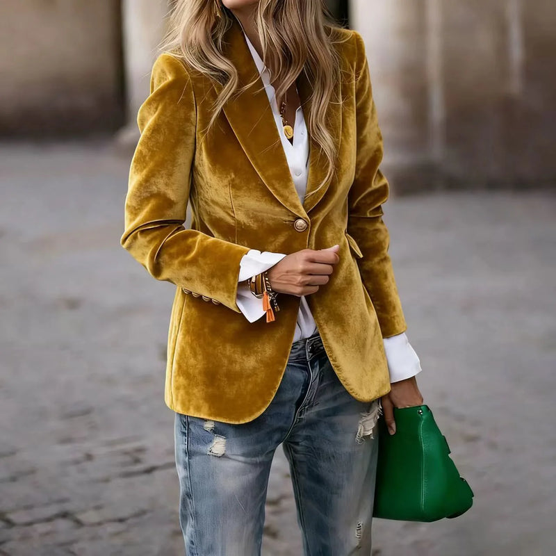 Elegant Women's Long-sleeve Blazer, A V-neck Jacket Made of Corduroy. Available in Black,Purple,Brown,Yellow,Red,Blue,Green,Gray