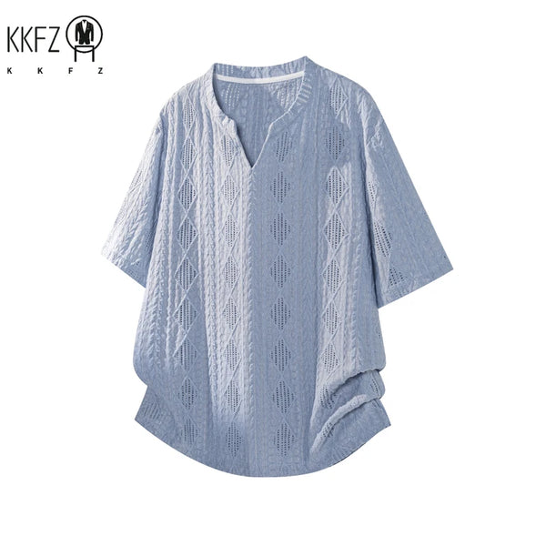 Male Lightweight Hollow Jacquard Short Sleeve Shirt V Notch Henley Neck Oversized Fit For Travel And Casual Outing