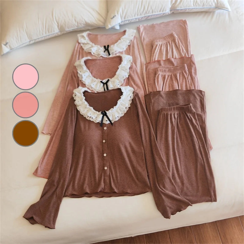 Chest Pads 2-Piece Pajamas for Women's Spring Autumn Long Sleeve Trousers Pijama Sleepwear Nightwear Woman Comfort for Homewear