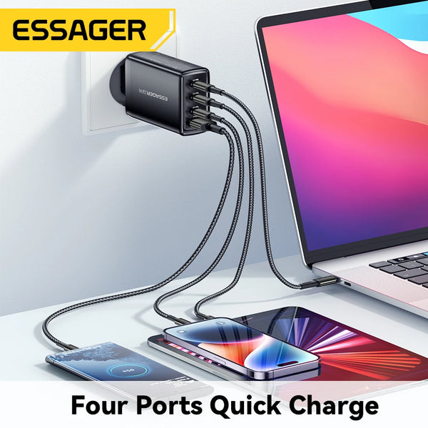 ឆ្នាំងសាក Essager 120W GaN ឆ្នាំងសាក 4 ក្នុង 1 USB C PD លឿនសម្រាប់ Macbook Laptop iPhone 17 16 15 14 Pro Max Samsung iPad ឆ្នាំងសាកលឿន
