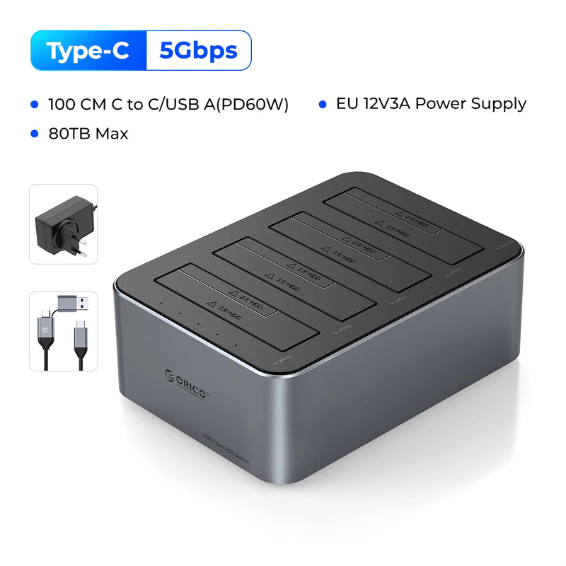 ORICO Type-C 5Gbps 4/5 Bay HDD Case Hard Drive Station Aluminum with Offline Clone 2.5/3.5" HDD Case Heat Dissipation Stronger