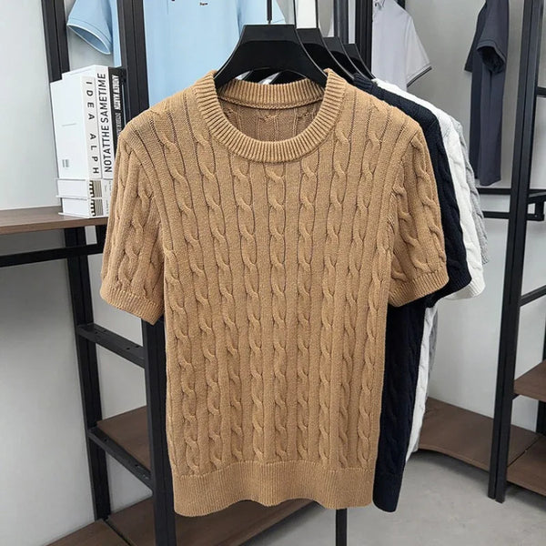 Men's Vintage Cable Knit Short Sleeve Sweater 100% Cotton Casual Crew Neck Pullover