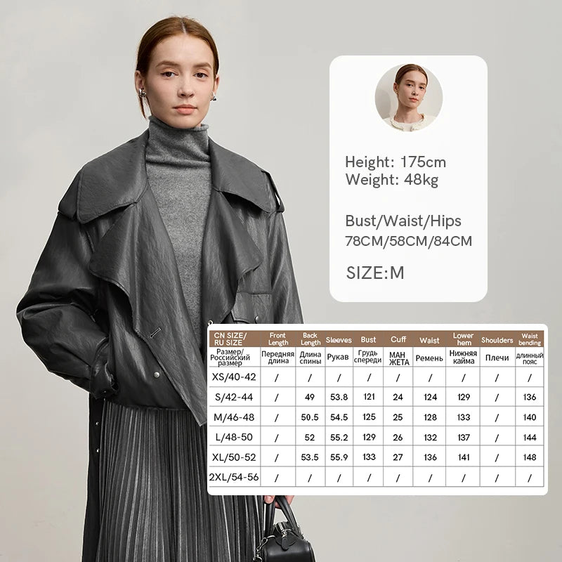AMII Down Jacket Woman 2026 Winter New PU Leather Lapel Long Sleeves Simple Top Woman Loose With Belt Short Down Coats 12544080