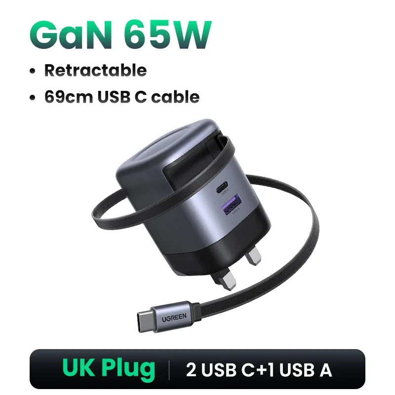 UGREEN 65W GaN Charger With Retractable USB C Cable For iPhone 18 17 Pro Samsung Xiaomi Laptop Macbook Tablet PD Fast Charger