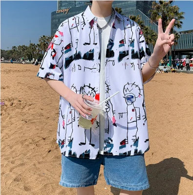 2026 Summer Men's White Short Sleeve Printed Shirt, Beach Vacation Shirts, White Black Gray Green Blue Loose Top, 2025 New
