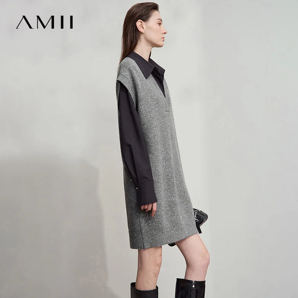 AMII រ៉ូបប៉ាក់ដៃខ្លីនារីសាមញ្ញឆ្នាំ ២០២៦ ម៉ូដ V-Neck រ៉ូបរលុងៗ រ៉ូបប្រណិតសម្រាប់នារីការិយាល័យ រ៉ូបមួយដុំ 12523121