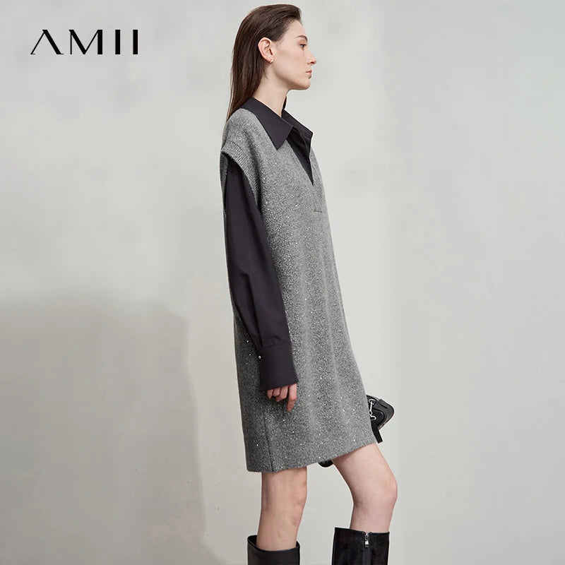 AMII Minimalist Woman Sleeveless Knit Dress 2026 Fashion V-Neck Loose Sequins Dress Luxury Office Lady One-Piece Dress 12523121