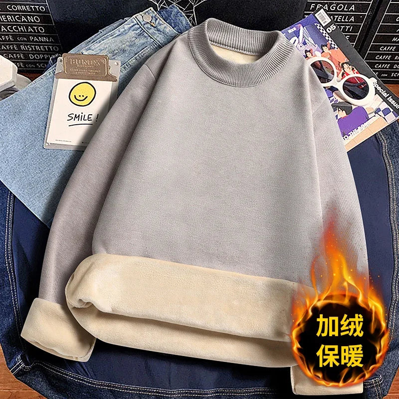 Male Everyday Wear Knitted Pullover Mock Collar Thick Fleece Lining Long Sleeve Warm Sweater For Chilly Weather