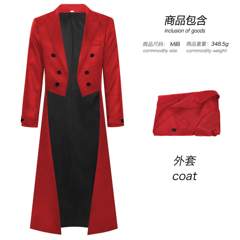 Men's Punk-style Black Tailcoat, Red Double-breasted Trench Coat, Available in Blue and Green.