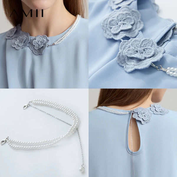 អាវ Amii Minimalist Premium Chiffon សម្រាប់នារី រដូវក្តៅ ឆ្នាំ២០២៥ កមូល អាវការិយាល័យ រចនាផ្កា ខ្សែសង្វាក់រំយោល ពណ៌តែមួយ 12542251