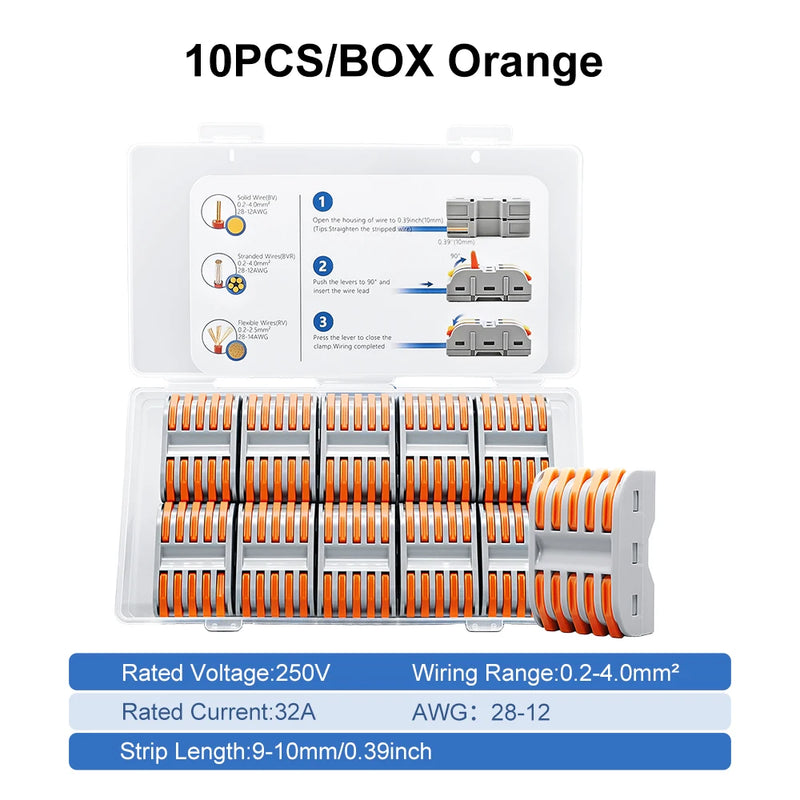 TOMZN 10PCS Lever Wire Connectors 5 In 5 Out Quick Splicing Terminal Blocks 32A 250V for 28-12AWG Solid Stranded Flexible Wires