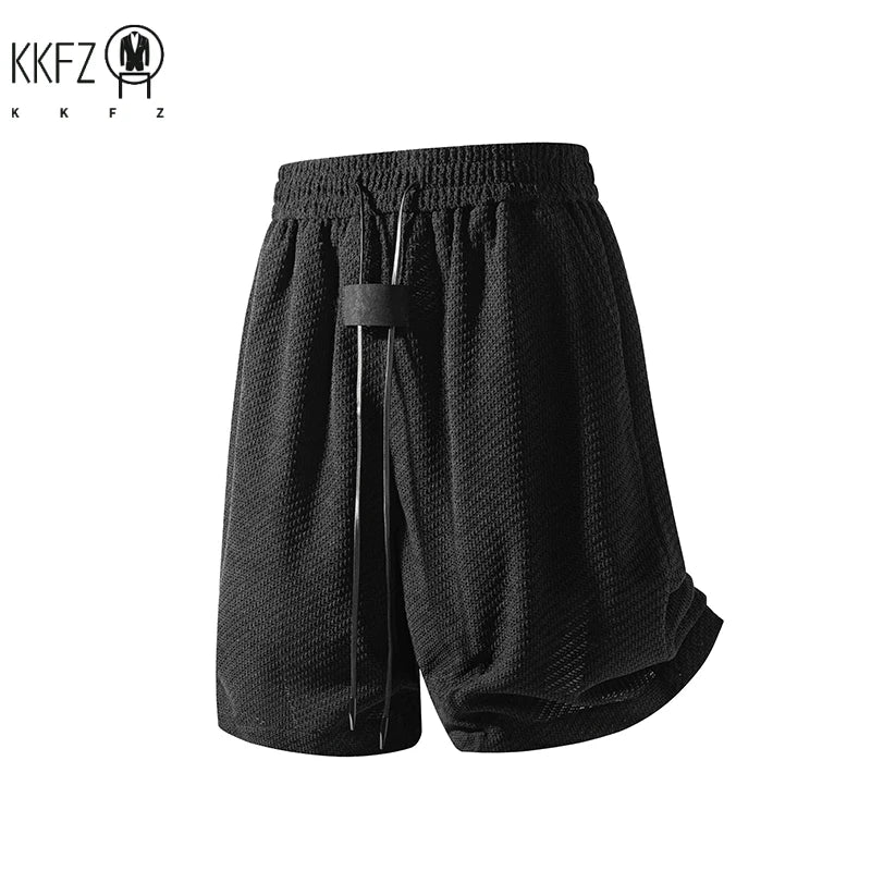 Male Summer Streetwear Shorts Waffle Textured Fabric Elastic Waist Long Drawstring Curved Hem Relaxed Cut For Outings