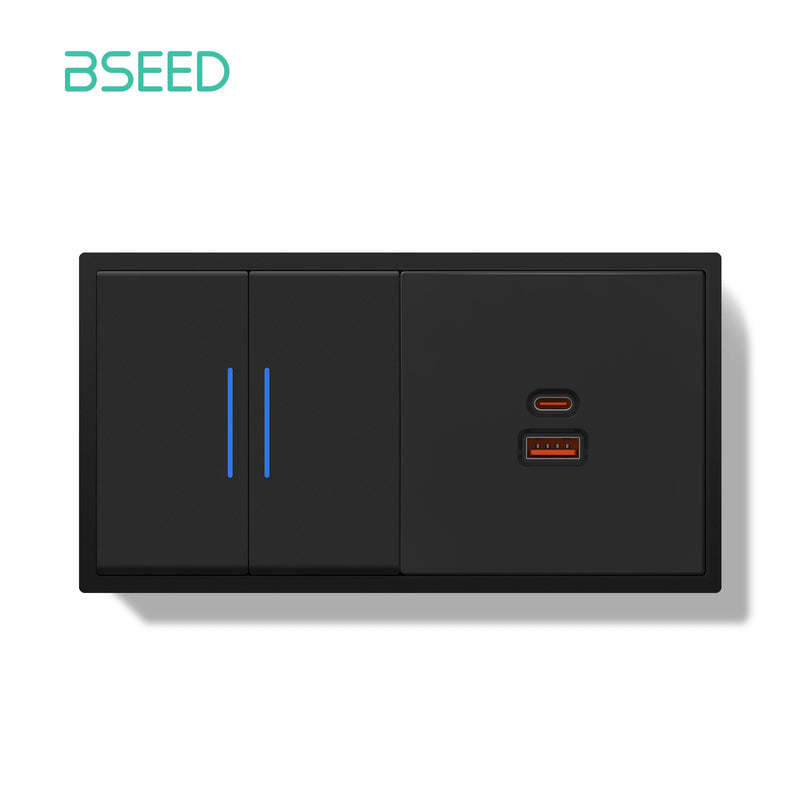 BSEED 1/2Gang 1Way Button Light Switch With 65W USB Type-C Fast Charge Socket Plastic Frame With LED Indicator Dimmer Switch