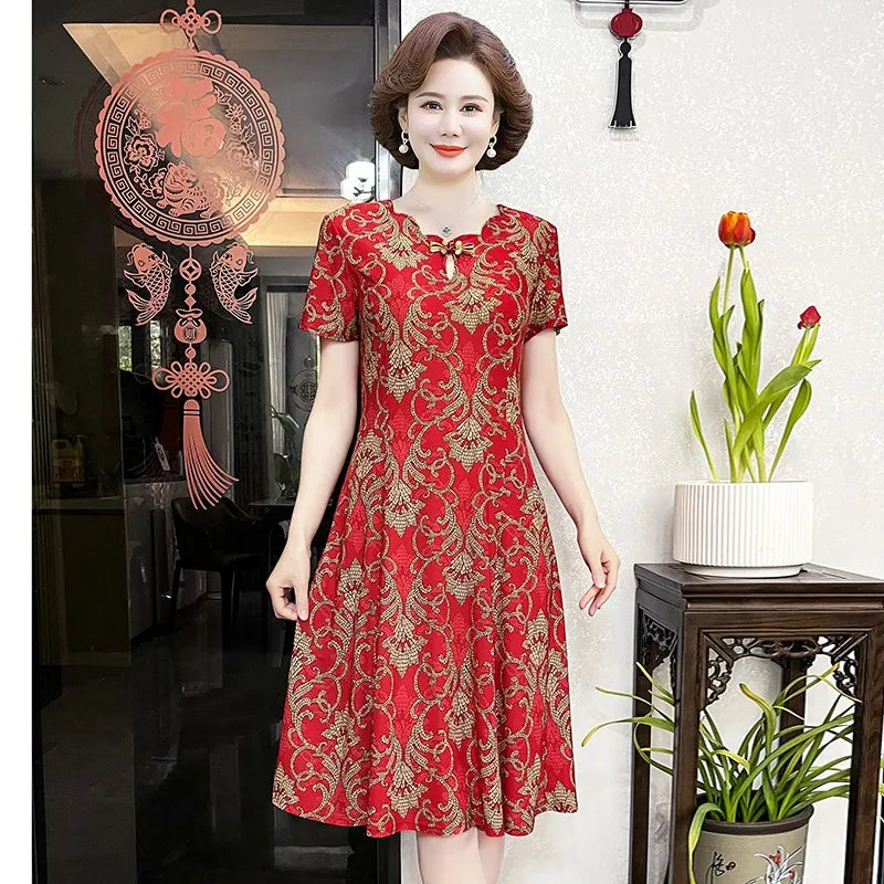 រ៉ូបរដូវក្តៅសម្រាប់ស្ត្រី សម្លៀកបំពាក់បែបវីនថេច បោះពុម្ពថ្មី ដៃខ្លីស្លីម ឆើតឆាយ រ៉ូបសម្រាប់ស្ត្រីវ័យកណ្តាល រ៉ូបរដូវក្តៅធម្មតា