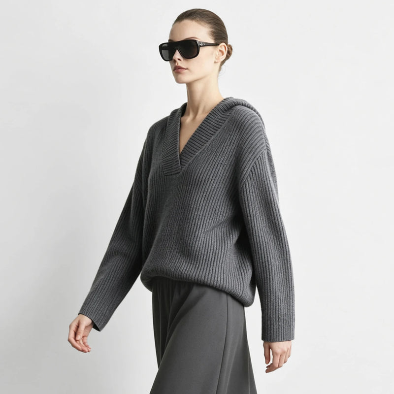 Amii Women's V-Neck Sweater Oversized Hooded Long Sleeve Drop Shoulder Casual Minimalist Knitted Top Autumn Sweaters 12643025