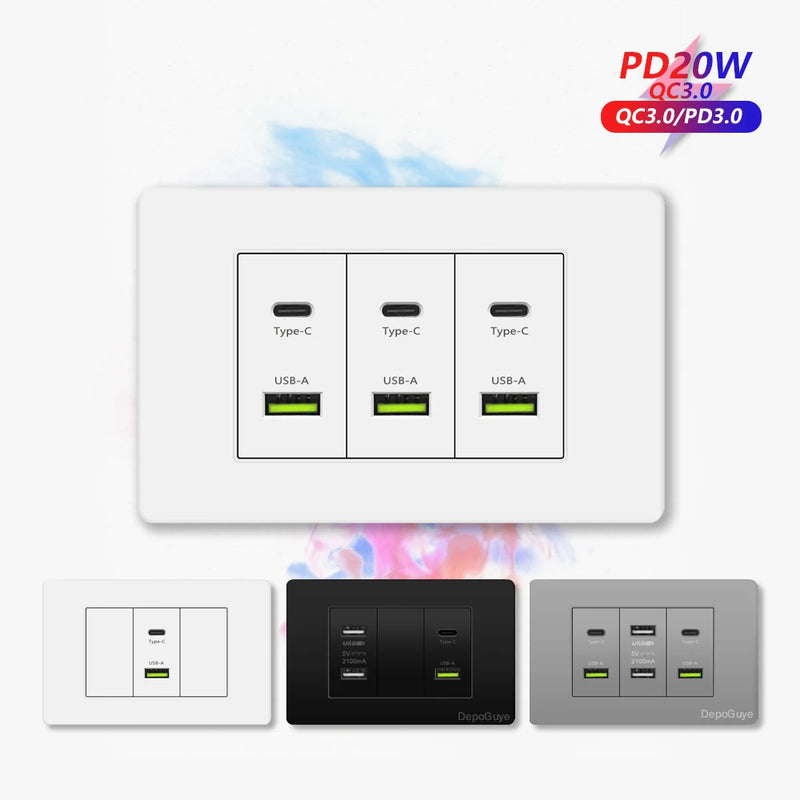 Korea Chile standard 20W Super Fast smart Charge Type C USB Port Power Wall Socket Plug,118*73mm Quick Charge electrical Outlet