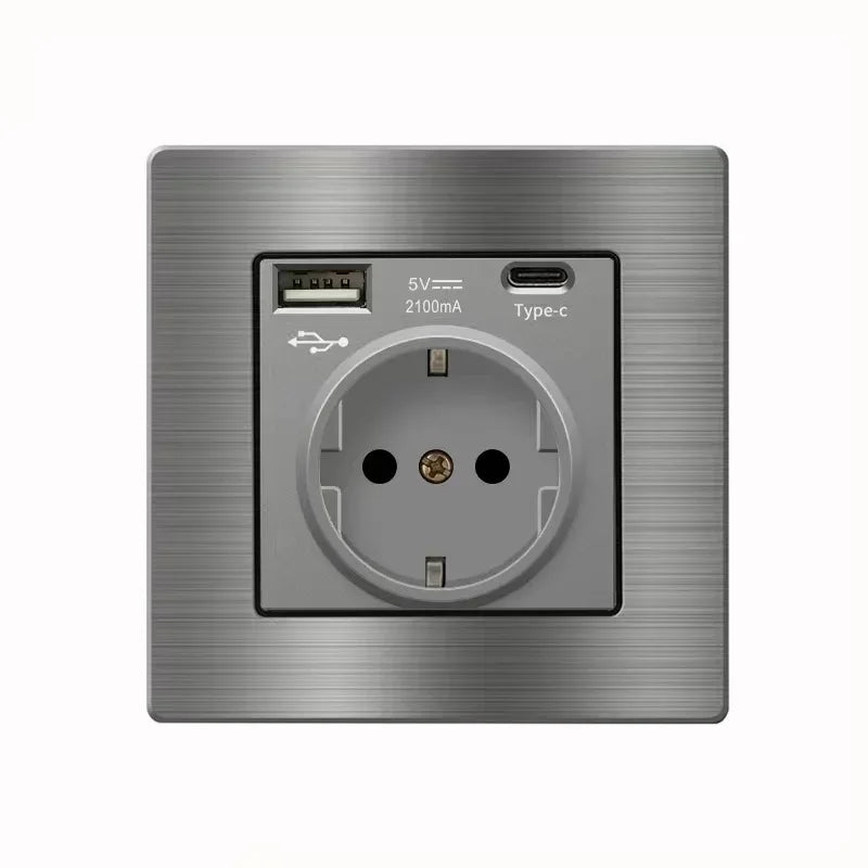 Metal grey Eu wall light switch,Stainless steel universal usb rechargeable electrical socket,220V dimmer speed control switch