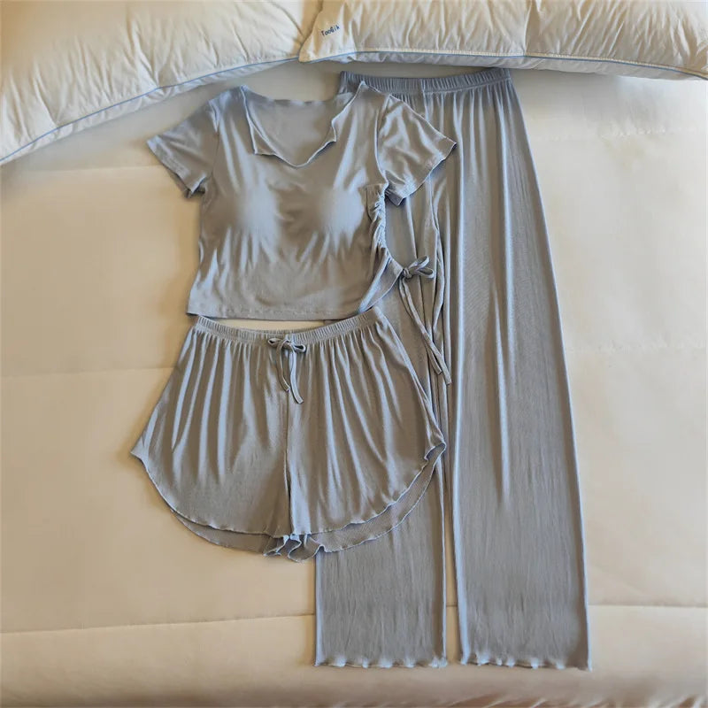 Korean Reviews Many Pajamas Chest Pad Short Sleeve Shirt Three Pieces Set Modal Spring Summer Sleepwear Women Home Wear Pyjamas
