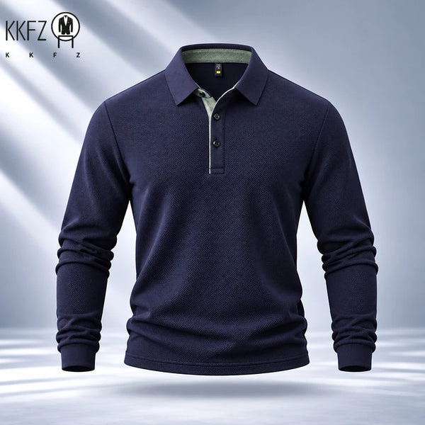 Premium Fabric Mens Polo Long Sleeve Shirt Fine Workmanship Turn Down Collar Top For Weekend Outdoor Scenes