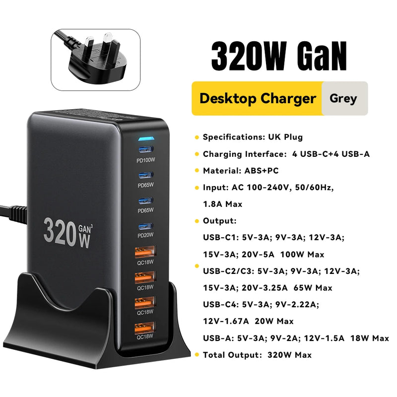 ឆ្នាំងសាក Essager 320W GaN 8 រន្ធ USB ប្រភេទ C ស្ថានីយសាកថ្មលើតុ PD 100W សាកថ្មលឿនសម្រាប់ iPhone 17 16 15 iPad MacBook កុំព្យូទ័រយួរដៃ