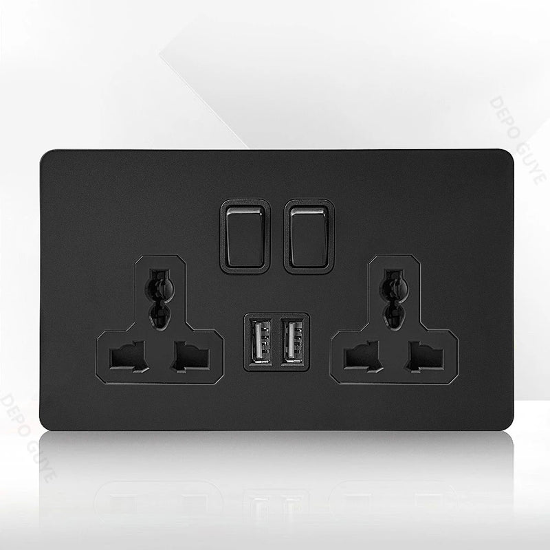 86 Type Retro Switch 1-4 Gang 2 Way Wall Light Brass Lever Toggle Switch Black Matte Stainless Steel Panel EU FR Power Outlet