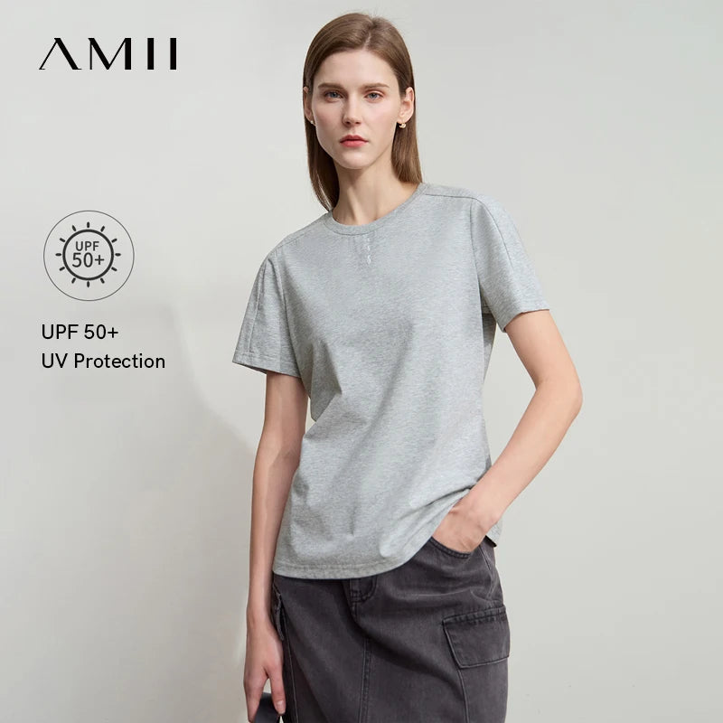 AMII Casual Print Shirt Women Summer New 2026 Short Sleeve Round Neck Baroque Pearl Straight T-shirts Woman Fashion 12522059
