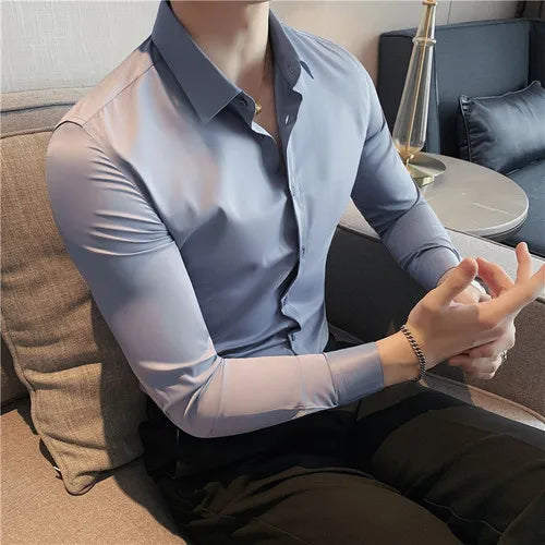 2026 New Men's Dark Green Slim-Fit Long Sleeve Shirt, Fashion Casual Business Top for Man in Black/White