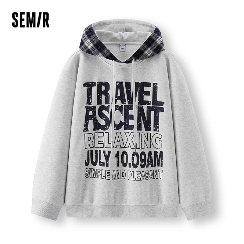Semir Men Hoodies Retro Plaid Patchwork Pullover Letter Print Loose 2026 Autumn Urban Casual Style Knit Top Daily Layer