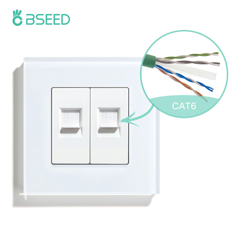 BSEED Double CAT5 Network Data Socket Internet RJ45 CAT6 PC Wall Outlet  EU Standard Tempered Glass Panel White Black Golden
