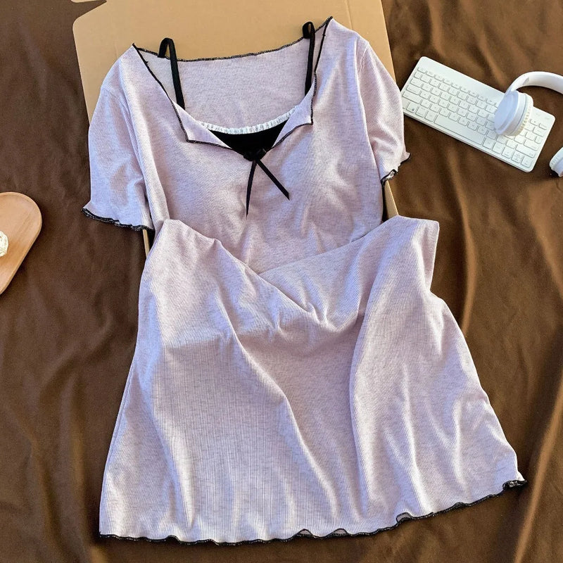 New Nightgown Women Chest Pad Homewear Summer Thin Nightdress Female Clothing Short Sleeve Sleepwear Nightie Home Wear Dress