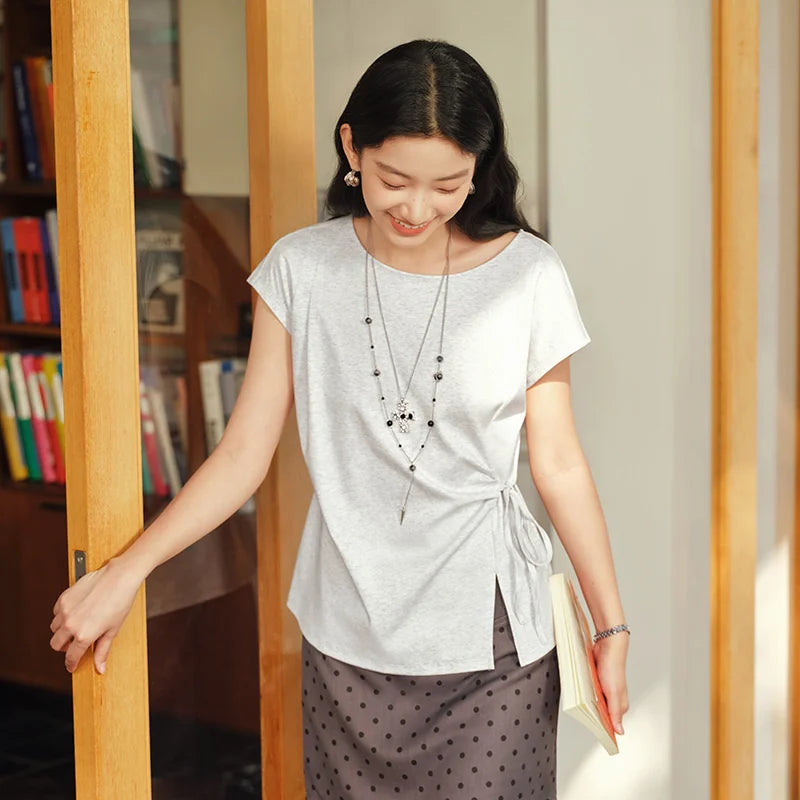 Semir Womens Tshirt 2026 Slash Neck Bow Slit Split Pure Cotton Gentle Style Casual Soft