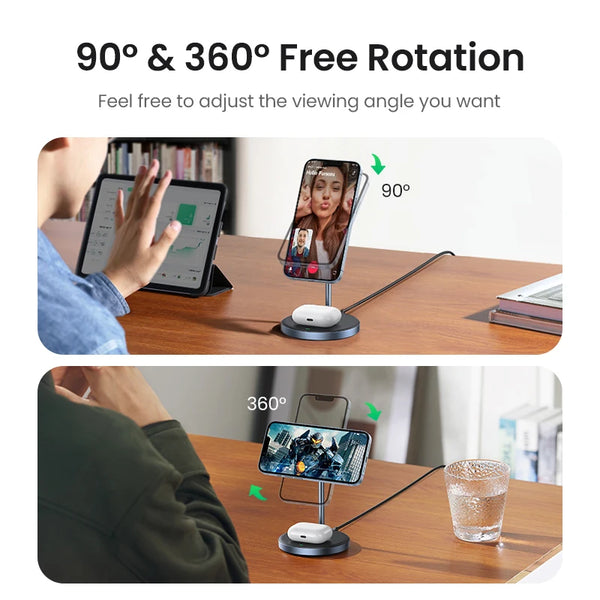 ជើងទ្រឆ្នាំងសាកឥតខ្សែ UGREEN Qi Magnetic Wireless Charger Stand សម្រាប់ iPhone 16 15 Pro Max/AirPods Fast Charger MagSafe Charging