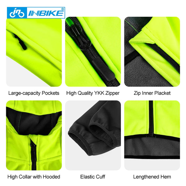 INBIKE Men's Winter Cycling Jacket with Hood Thermal Fleece Bike Windbreaker Raincoat Waterproof Outdoor Bicycle Hiking Clothing