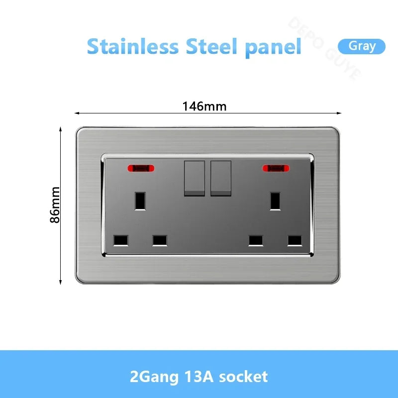 Universal Wall Light Switch Brushed Stainless steel Panel,UK Type-c 18W Quick Charging Socket 220V Double USB Electrical Outlet