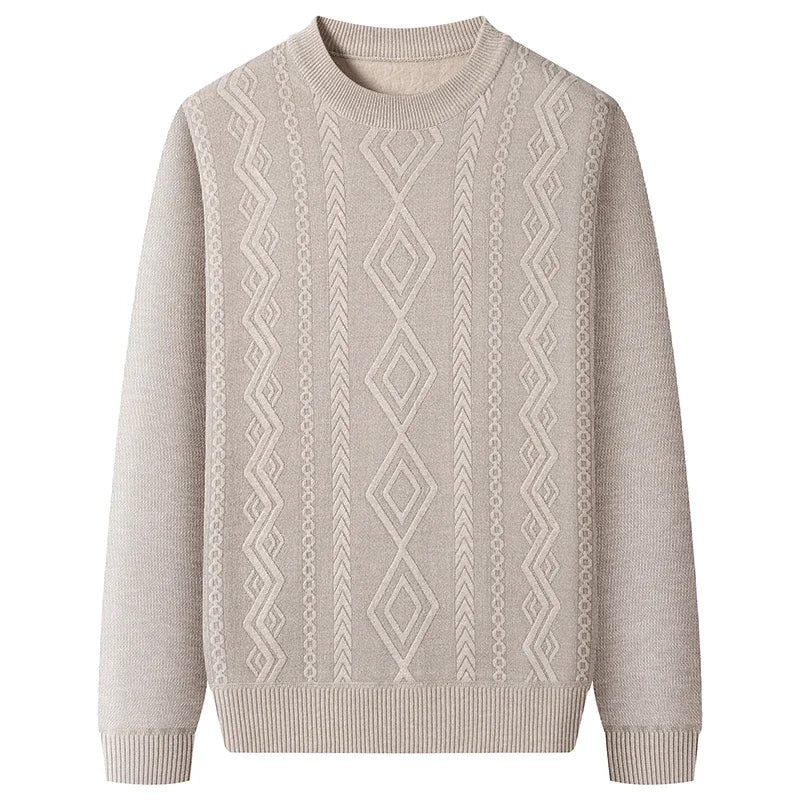 Thick Thermal Crew Neck Pullover Men Vertical Geometric Diamond Pattern Soft Fleece Lining Weekend Outing Knitwear